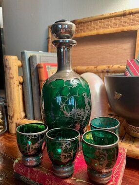 Vintage Murano Style Green Glass Decanter Set + 4 Shot Glasses Silver Overlay